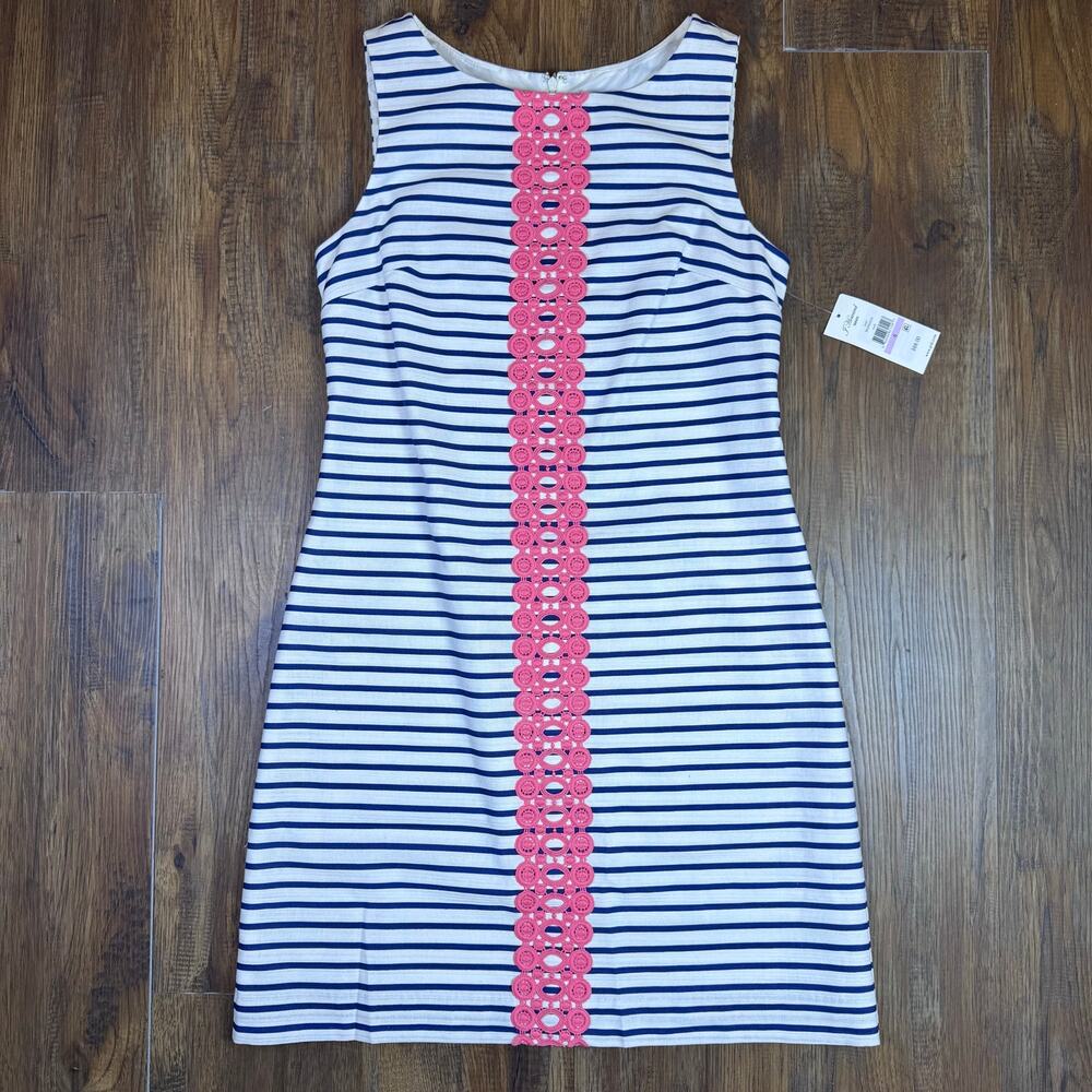 J Howard Missy Sleeveless Shift Dress size 6 white blue stripes pink lace detail